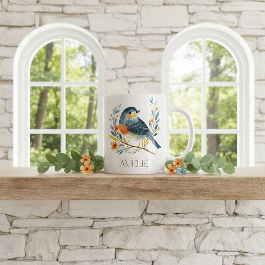 Mug with a bird design on a windowsill with a stone wall and window background