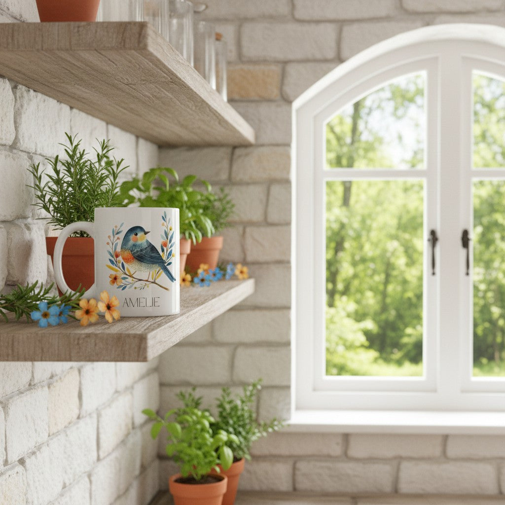 Cup with bird design on a shelf next to a window with a view of greenery