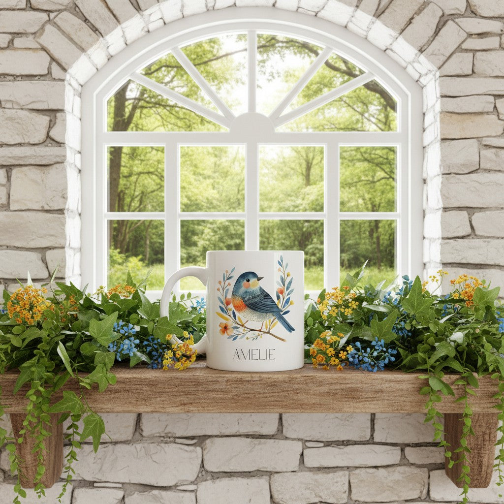 White mug with a bird design on a wooden ledge in front of a stone wall and window with greenery outside.
