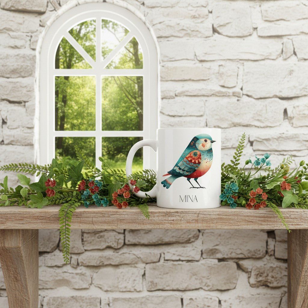 Mug with a bird design on a wooden surface with greenery, against a stone wall and window background.