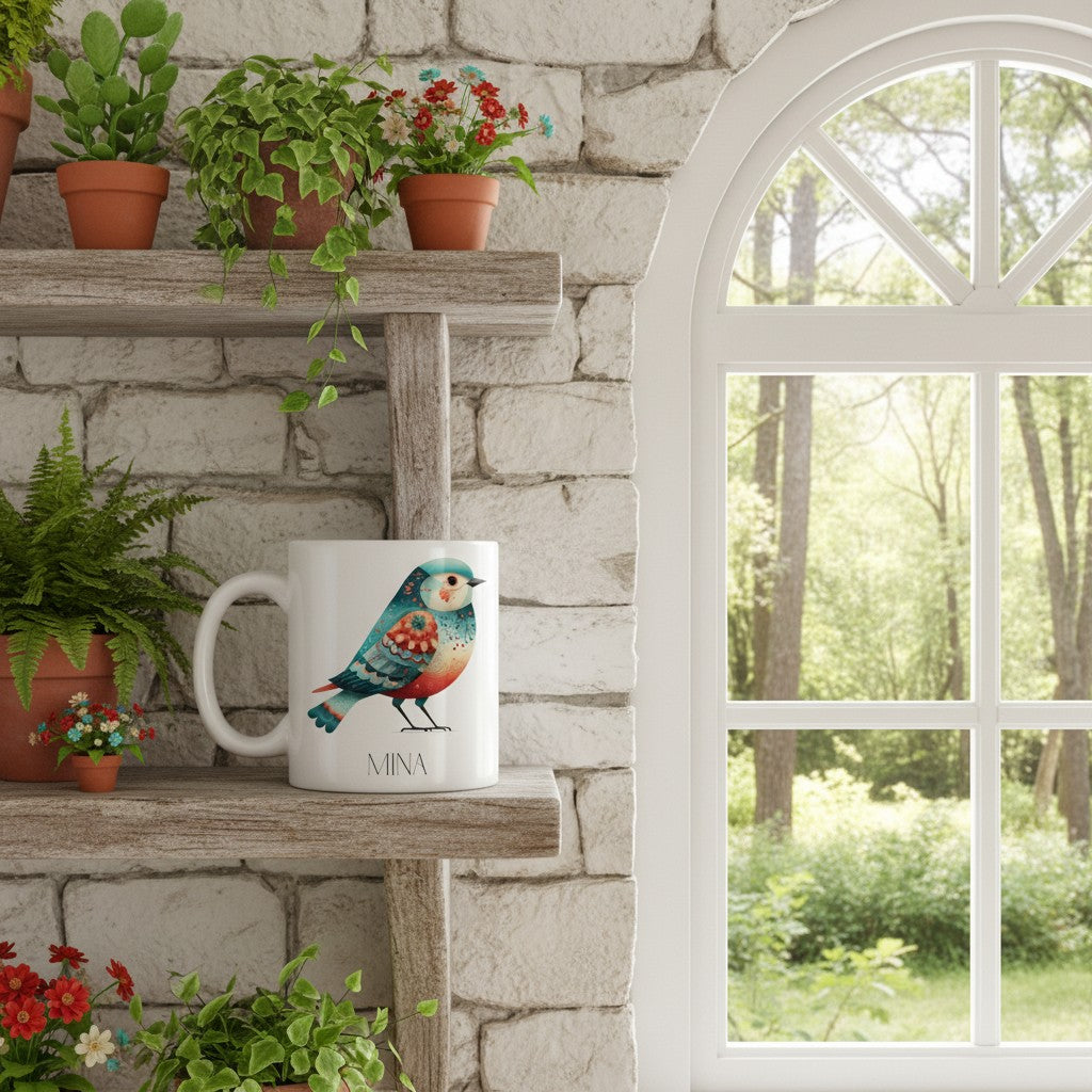 Mug with a bird design on a wooden shelf with plants, next to a window with a view of greenery.