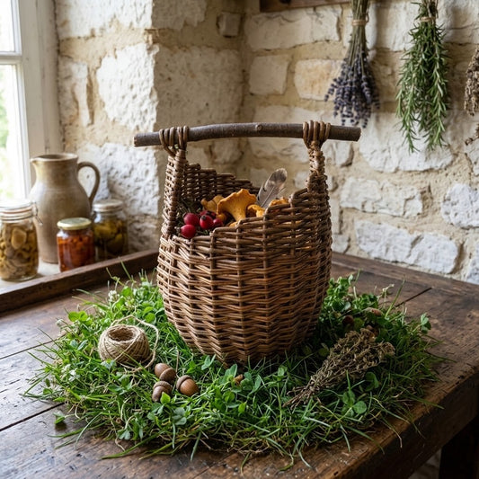 A rustic woven wicker basket with a wooden handle sits on a wooden table surrounded by green grass, acorns, twine, and small mushrooms, set in a cozy room with a stone wall and window.