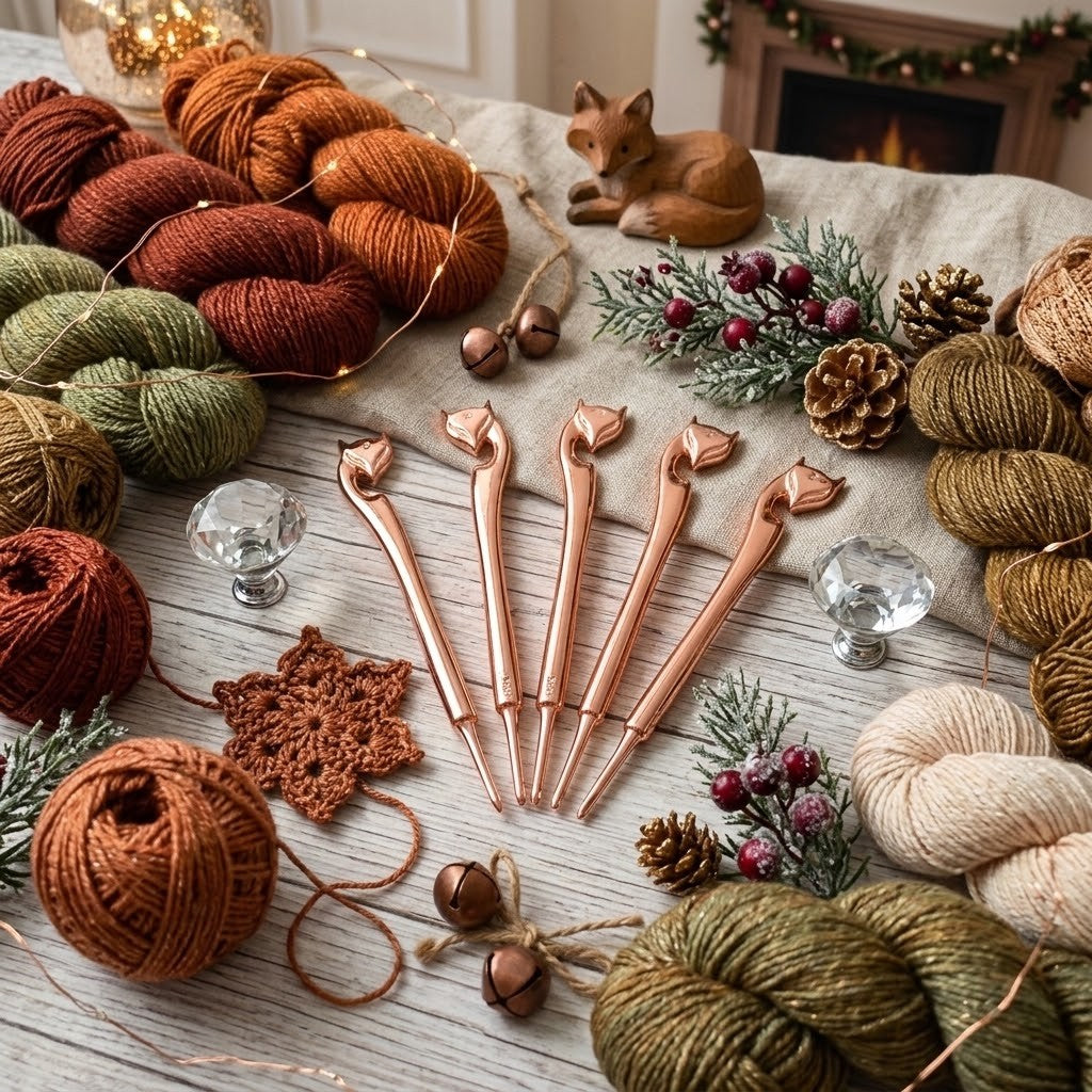 A styled flat-lay of rose gold crochet hooks surrounded by variegated yarn skeins, a small wooden fox figurine, pinecones, evergreen sprigs with berries, and glass knobs on a light wood surface.
