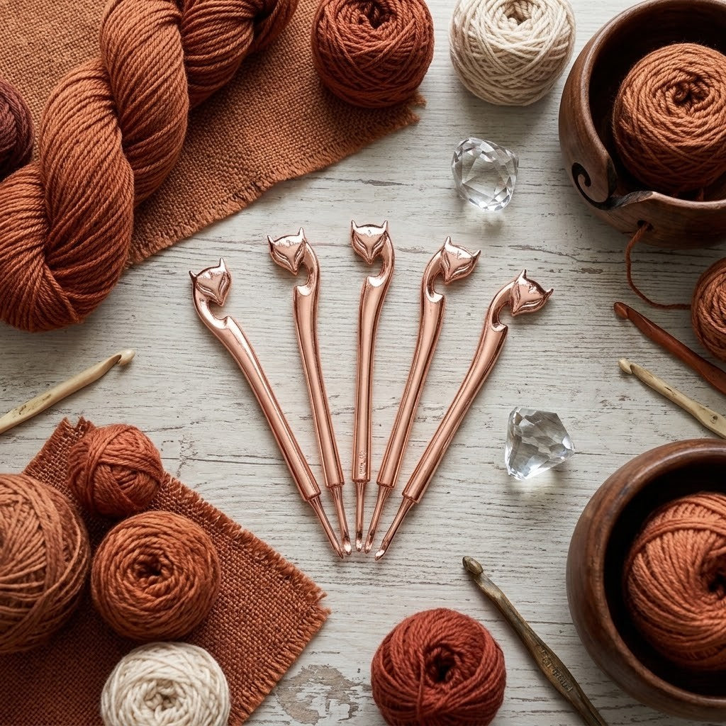 Five rose gold crochet hook tips arranged in a fan shape on a white wooden surface, surrounded by yarn balls, crochet hooks, and small clear crystals.