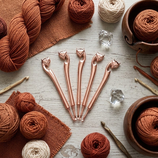 Five rose gold crochet hook tips arranged in a fan shape on a white wooden surface, surrounded by yarn balls, crochet hooks, and small clear crystals.