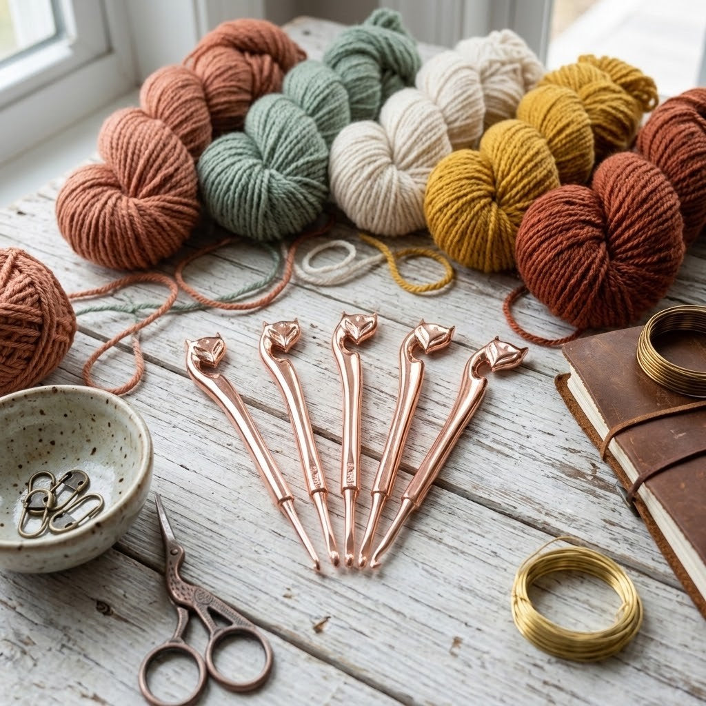A styled flat-lay of crochet hooks arranged on a whitewashed wooden table, surrounded by colourful balls of yarn, a small bowl with metal clips, scissors, a leather-bound notebook, and a coil of gold wire.