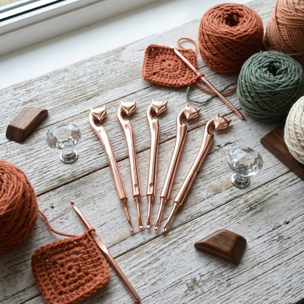 Five metallic copper crochet hooks arranged on a rustic white wooden table, surrounded by yarn balls, crochet swatches, and small wooden knobs.