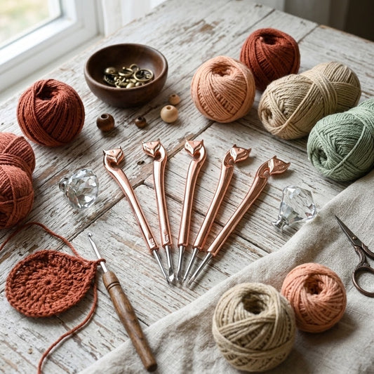 A styled flat-lay of crochet and knitting tools and yarn on a rustic white wooden table. Five metallic crochet hooks with decorative tops are centred, surrounded by balls of yarn in rust, peach, beige, and sage green, a crochet sample, scissors, clear glass beads, and a small wooden bowl.