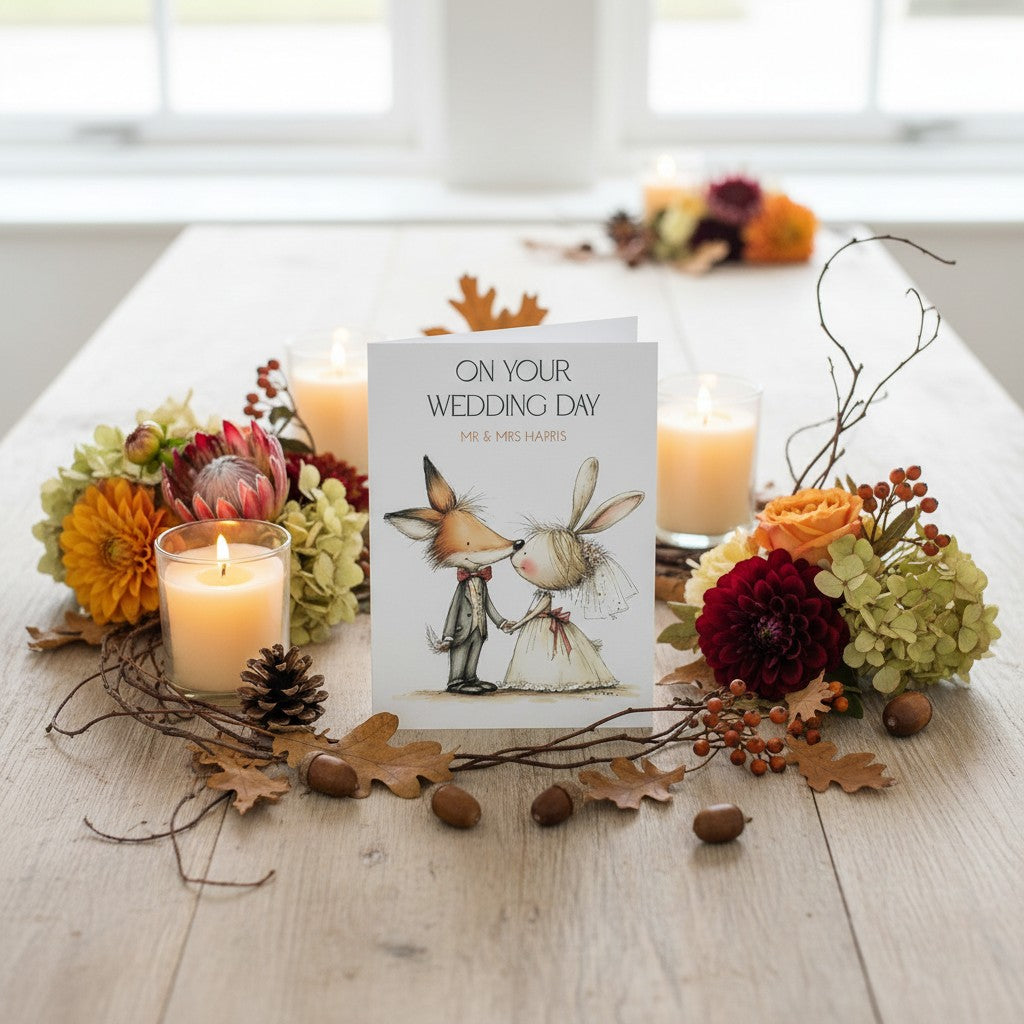 Wedding card with fox and rabbit design surrounded by candles and flowers on a wooden table.