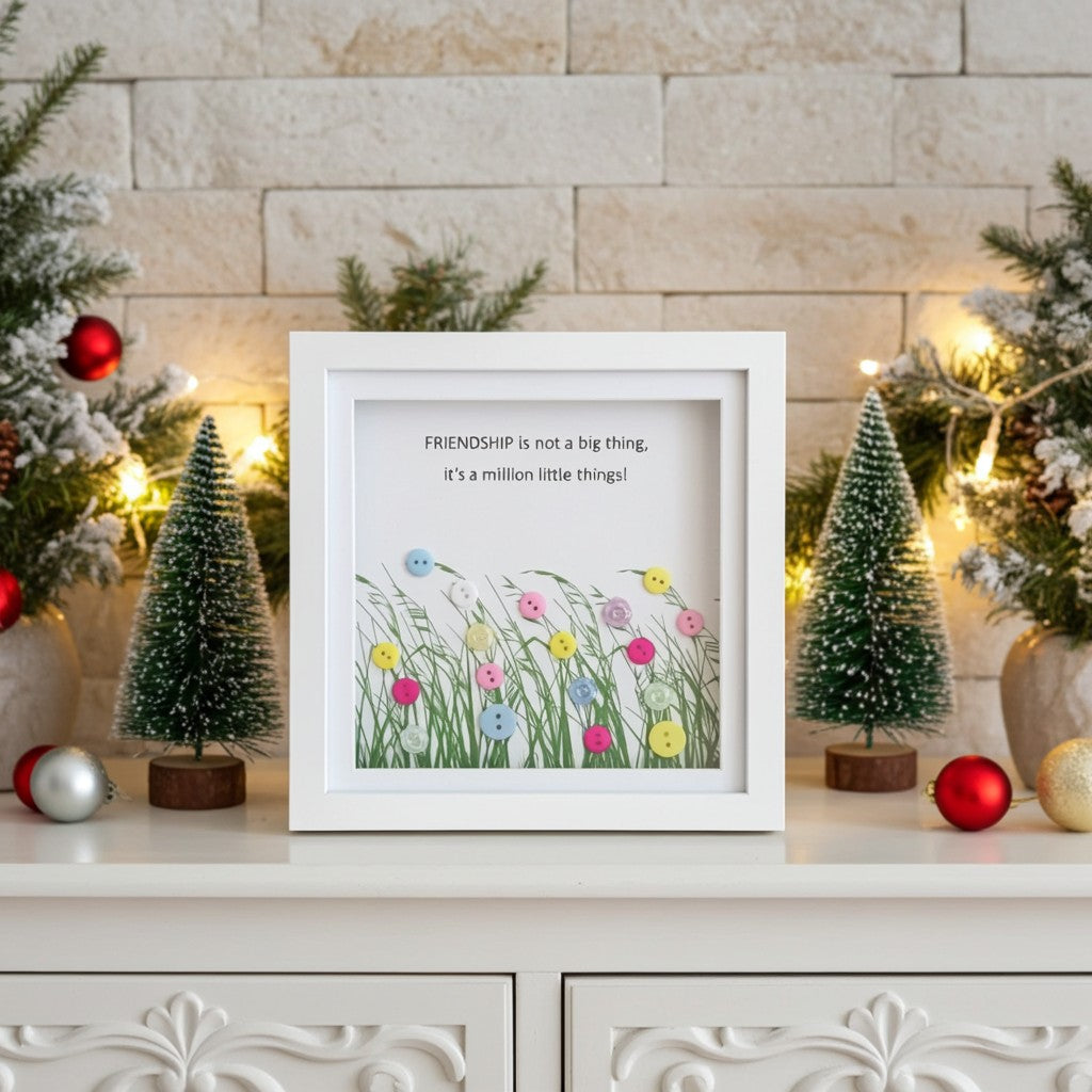 A white square framed art print featuring a colourful illustration of wildflowers and the text 'FRIENDSHIP is not a big thing, it's a million little things!' displayed on a white cabinet in a festive holiday setting.