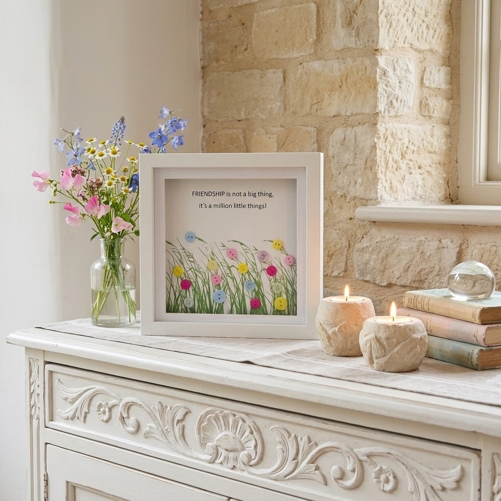 A white framed art print featuring a colorful wildflower illustration and the quote 'FRIENDSHIP is not a big thing, it's a million little things!' displayed on a white carved console table next to a vase of flowers and candles.