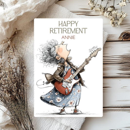 Happy Retirement card with illustration of a person playing guitar on a textured surface with flowers.