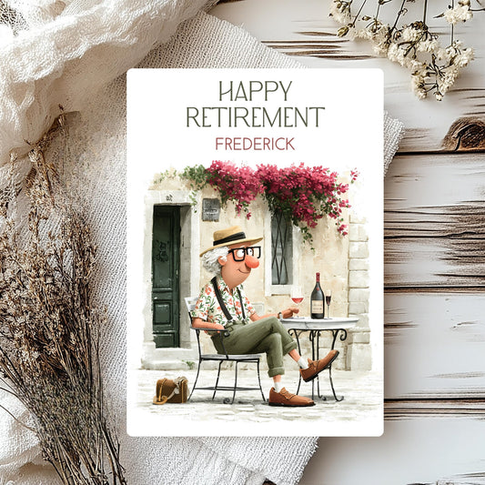 Funny retirement card with a retired man sat at a table with a bottle of wine.