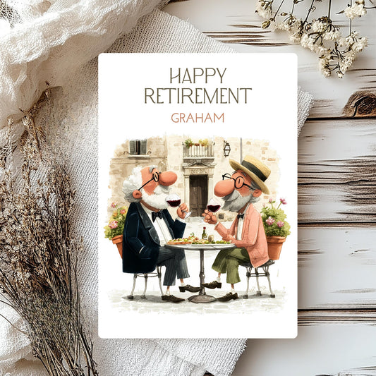 Happy Retirement card with two elderly men sitting at a table, surrounded by decorative elements.
