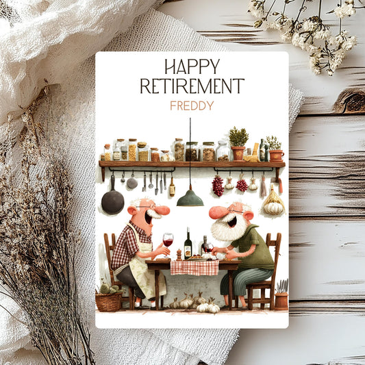Happy Retirement card with two cartoon characters at a table, surrounded by kitchen items and plants.
