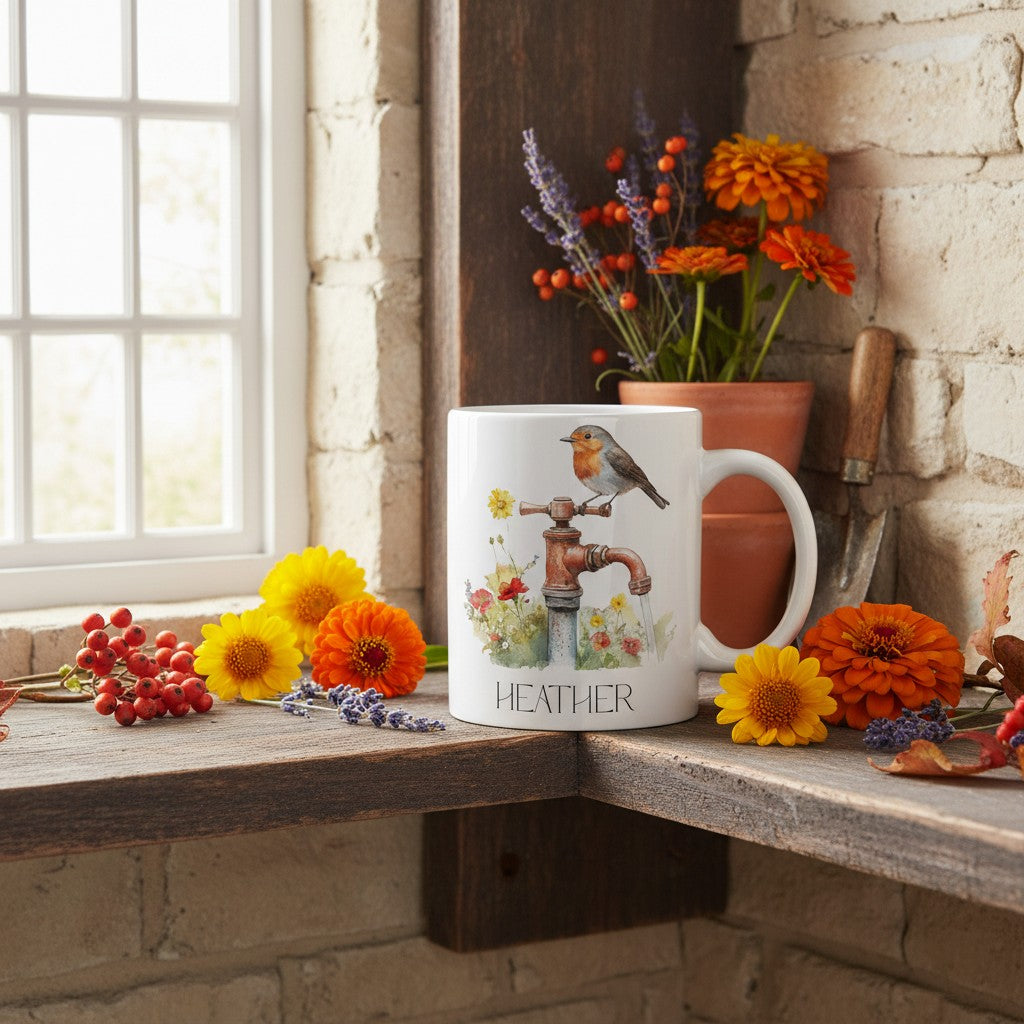 White robin mug with floral design and 'Heather' branding on a wooden ledge with flowers and a window in the background.