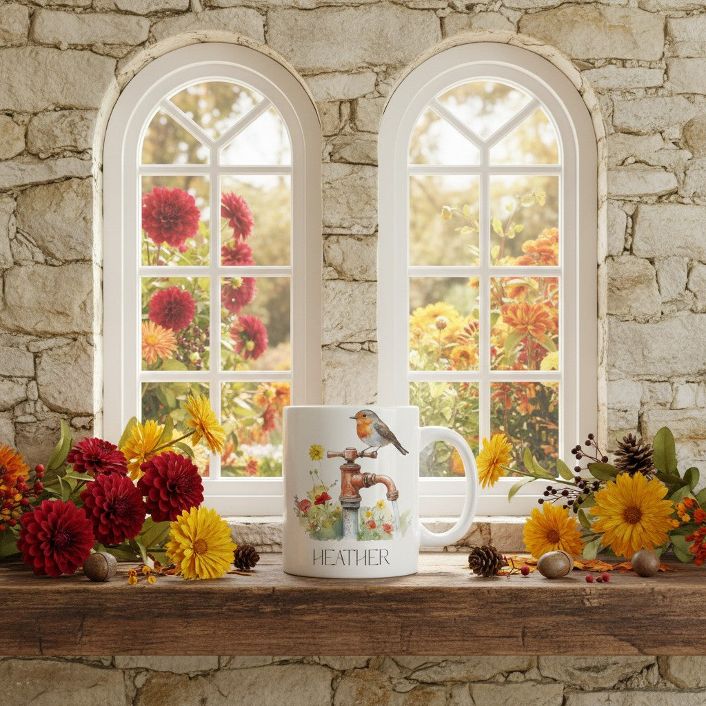 Mug with a bird design on a windowsill with autumn flowers and a stone wall background