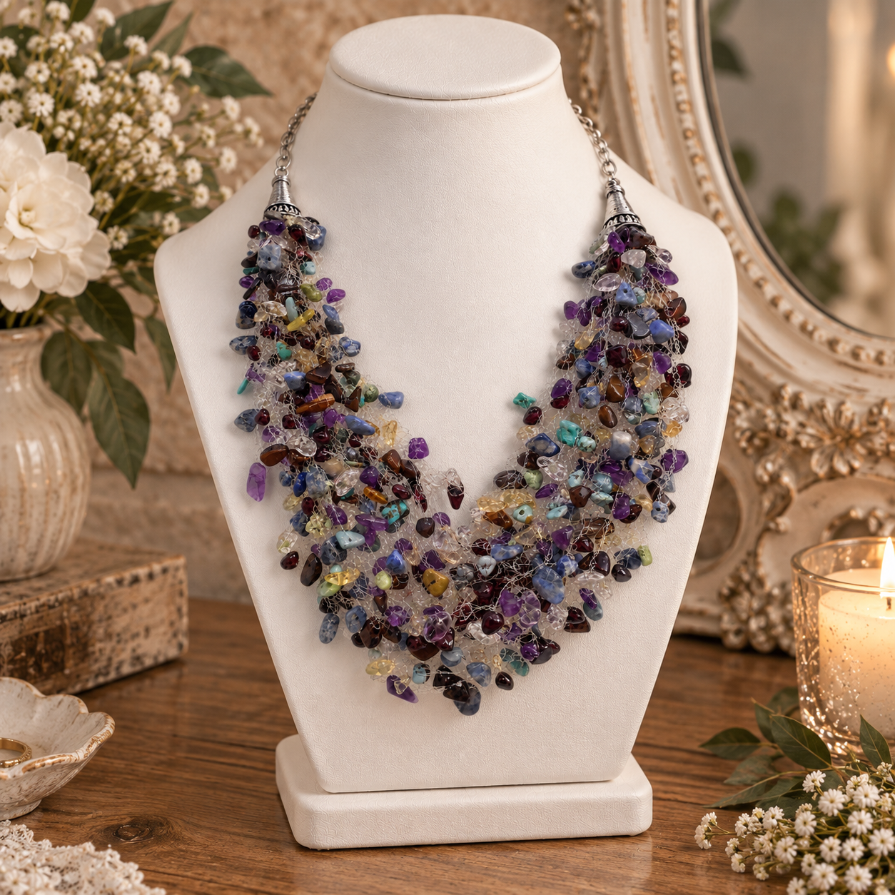 A statement necklace made of many colourful polished gemstones draped over a white jewellery bust, styled on a wooden table with flowers, a candle, and a mirror in the background.