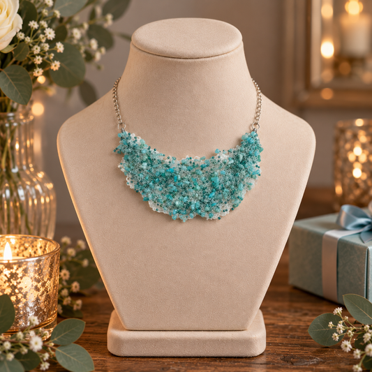 A statement gemstone chips necklace made of turquoise and white beads on a silver chain, displayed on a beige jewellery bust. The bust is set on a wooden table surrounded by decorative elements including a lit candle in a glass holder, a gift box, and flowers.