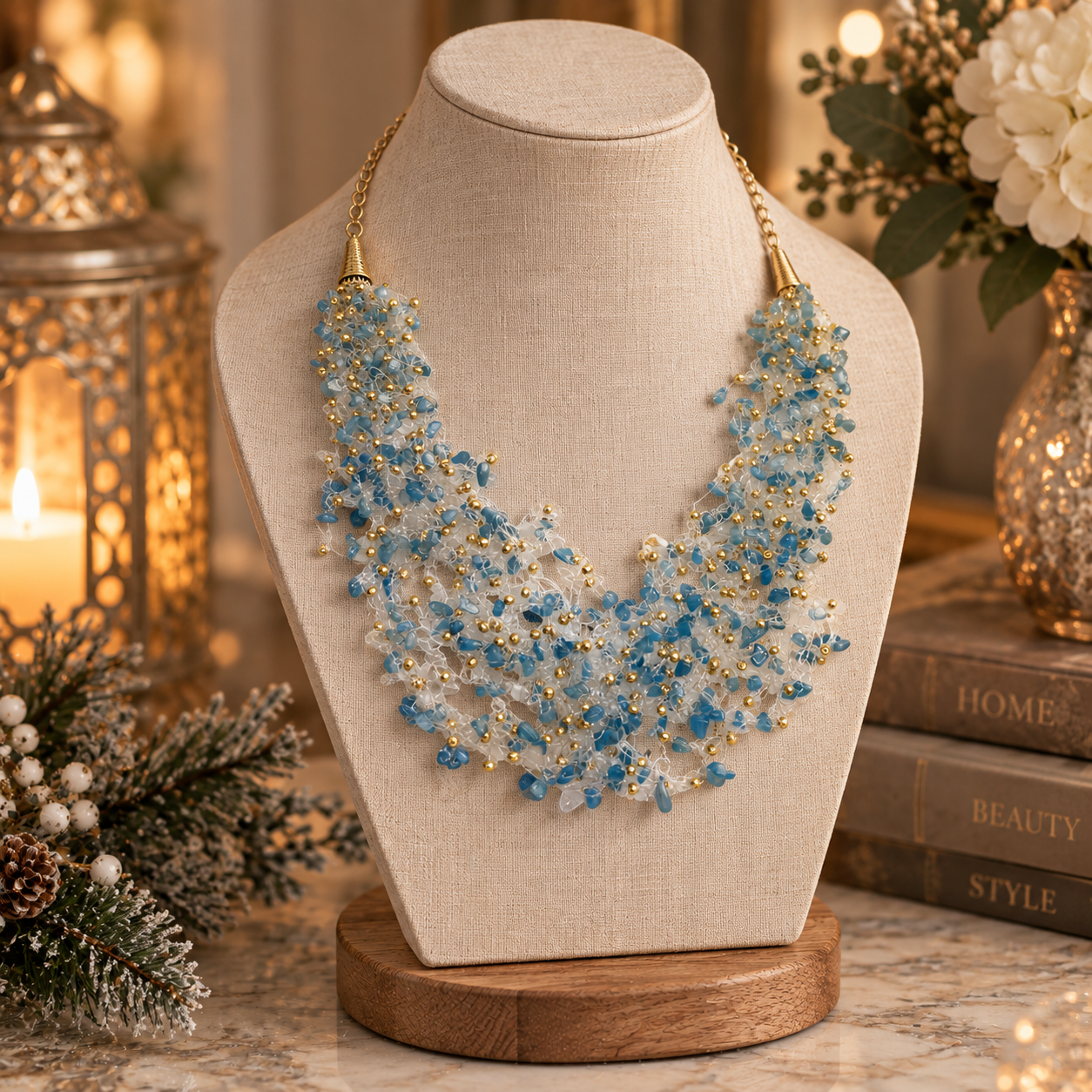 A statement necklace made of layered blue and clear beads with gold-toned metal accents, displayed on a beige fabric jewellery bust. The bust is styled on a marble surface with a lit lantern, books, and greenery in the background.