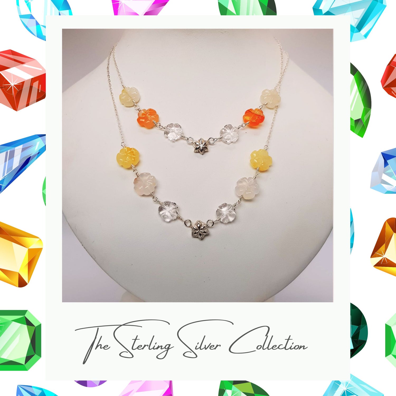 A colourful gemstone necklace with a sterling silver chain and flower, displayed on a mannequin.