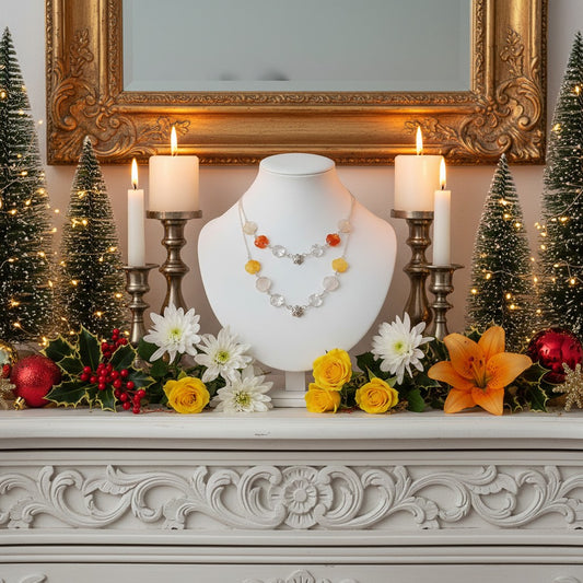 Pretty gemstone necklace staged in a festive theme with candles and mini Christmas trees