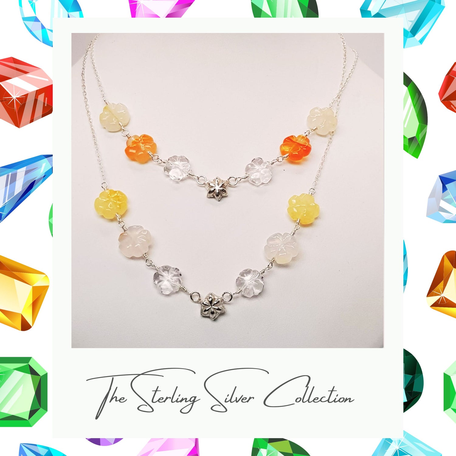 Pair of gemstone necklaces on a necklace stand, text reads Sterling Silver Collection.