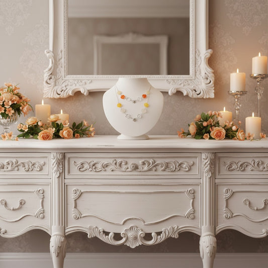 Decorative dresser with gemstone necklace and mirror, candles, and flowers in a elegant room setting.