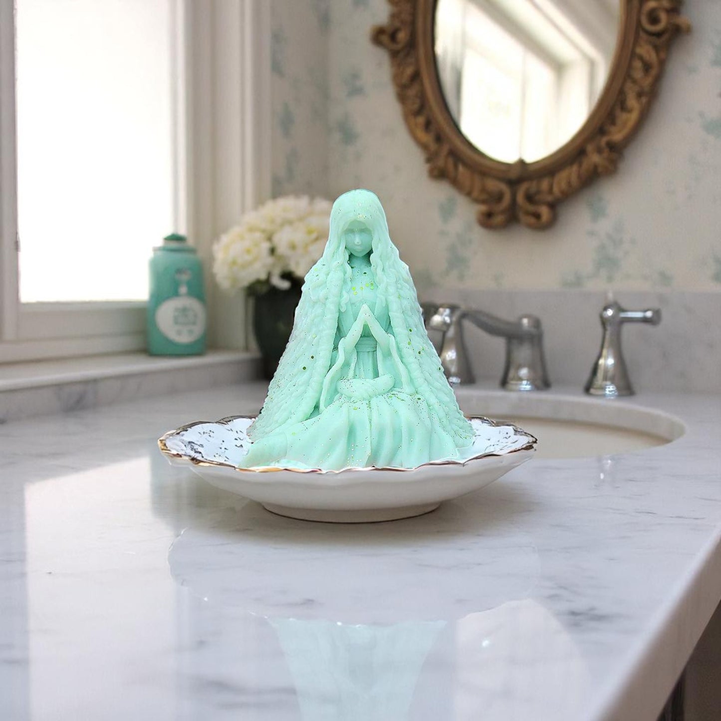 wax melt figuring on a white plate in a bathroom setting
