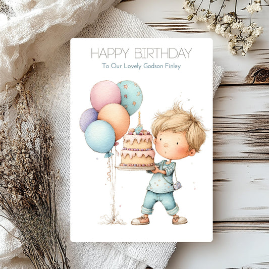 Birthday card with a child holding balloons and a cake, surrounded by decorative elements on a wooden surface.