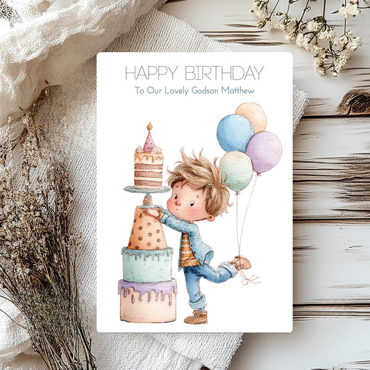 Birthday card with a child holding balloons and a cake, surrounded by decorative elements.