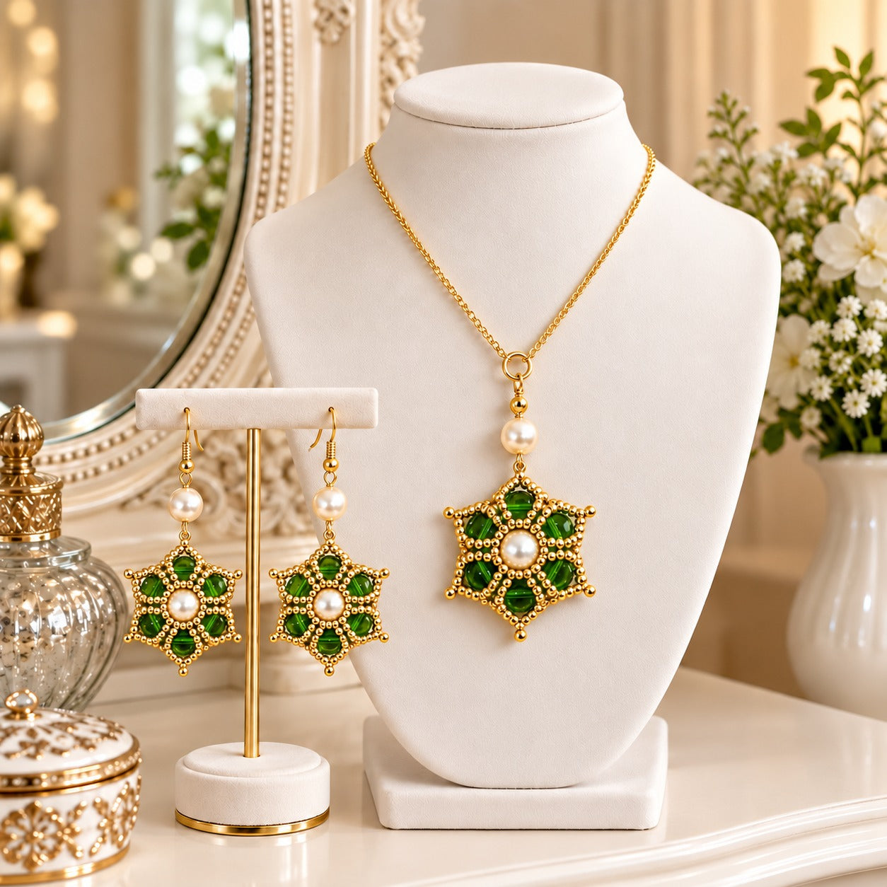 Gold jewellery set with a necklace and matching earrings displayed on white stands. The set features starburst-shaped green stone clusters with central white pearl-like beads and gold chains, arranged on a white mannequin bust with decorative background elements.