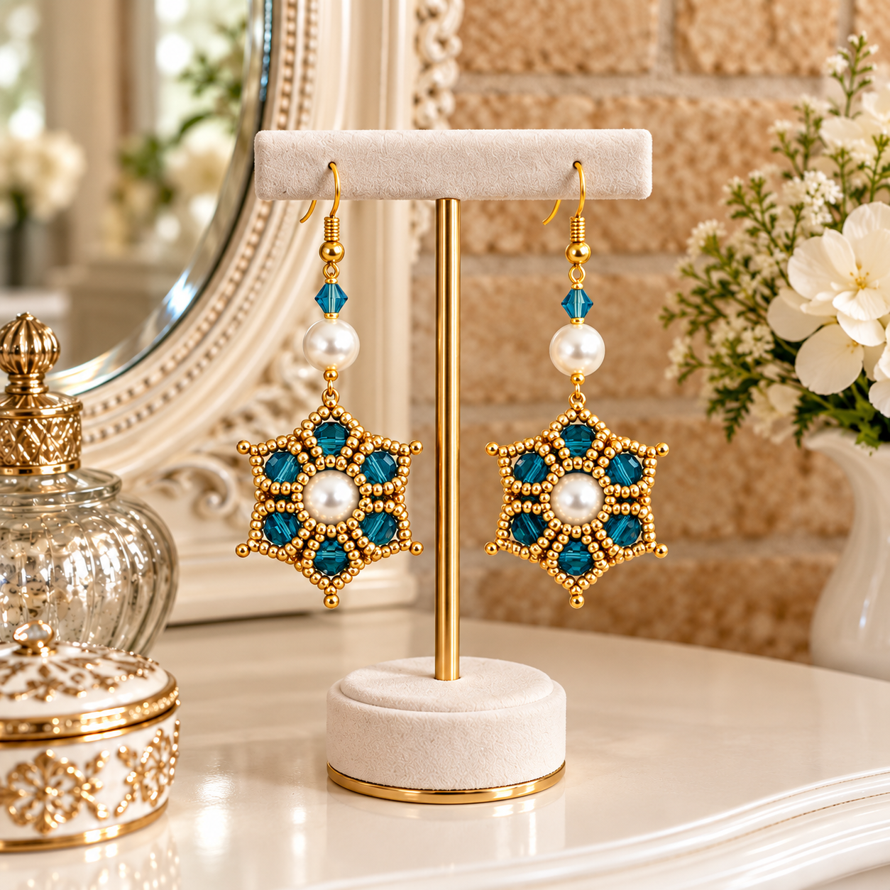 A pair of ornate gold-tone drop earrings displayed on a cream jewellery stand. Each earring features a white pearl, a small teal faceted gem, and a larger teal gem set within a starburst pattern of gold beads.
