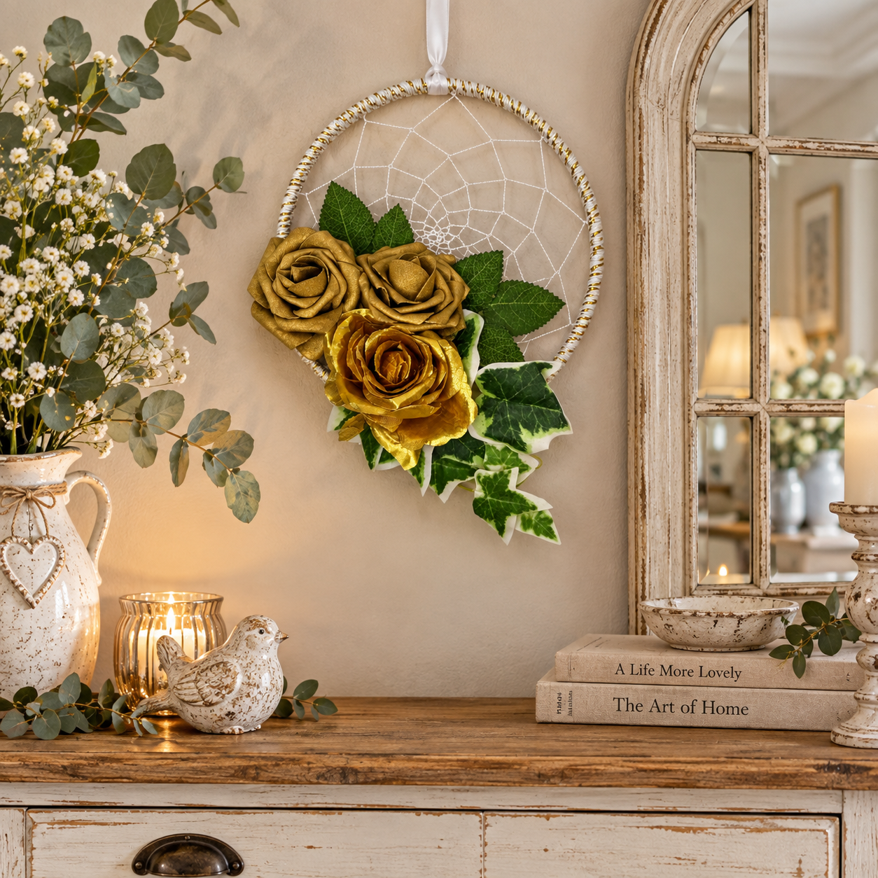A decorative hanging wreath with three gold roses, green leaves, and a white web pattern, displayed on a beige wall above a rustic wooden console table with books, a candle, and floral arrangements.