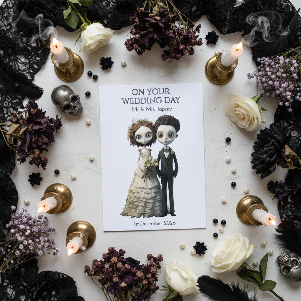 Wedding card with personalised gothic illustration surrounded by decorative flowers and candles on a white surface.
