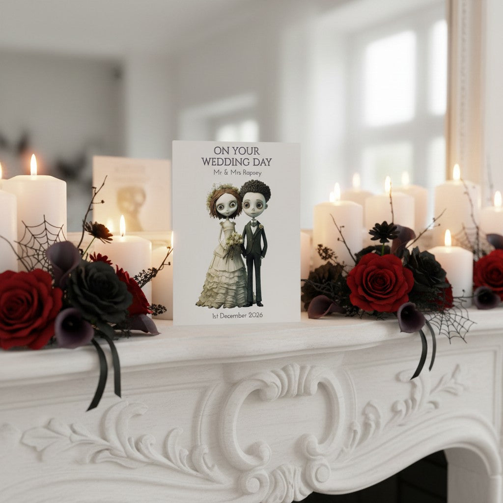 Decorative wedding card with a gothic couple illustration on a mantelpiece with candles and flowers.