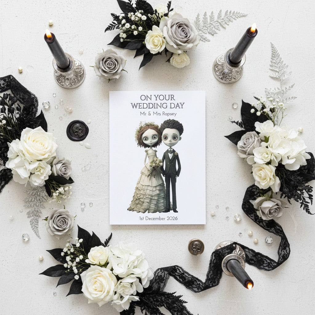 Wedding card with cartoon gothic bride and groom surrounded by flowers and candles on a white background