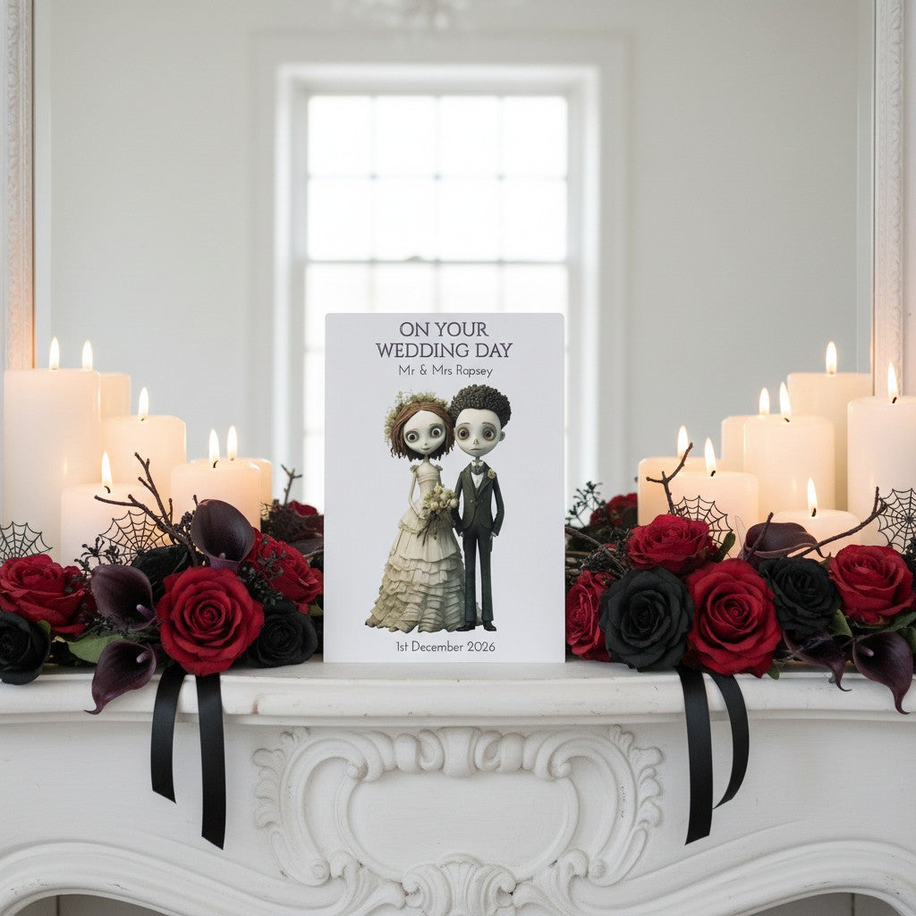 Wedding card with 'On Your Wedding Day' text on a decorative mantel with candles and flowers.