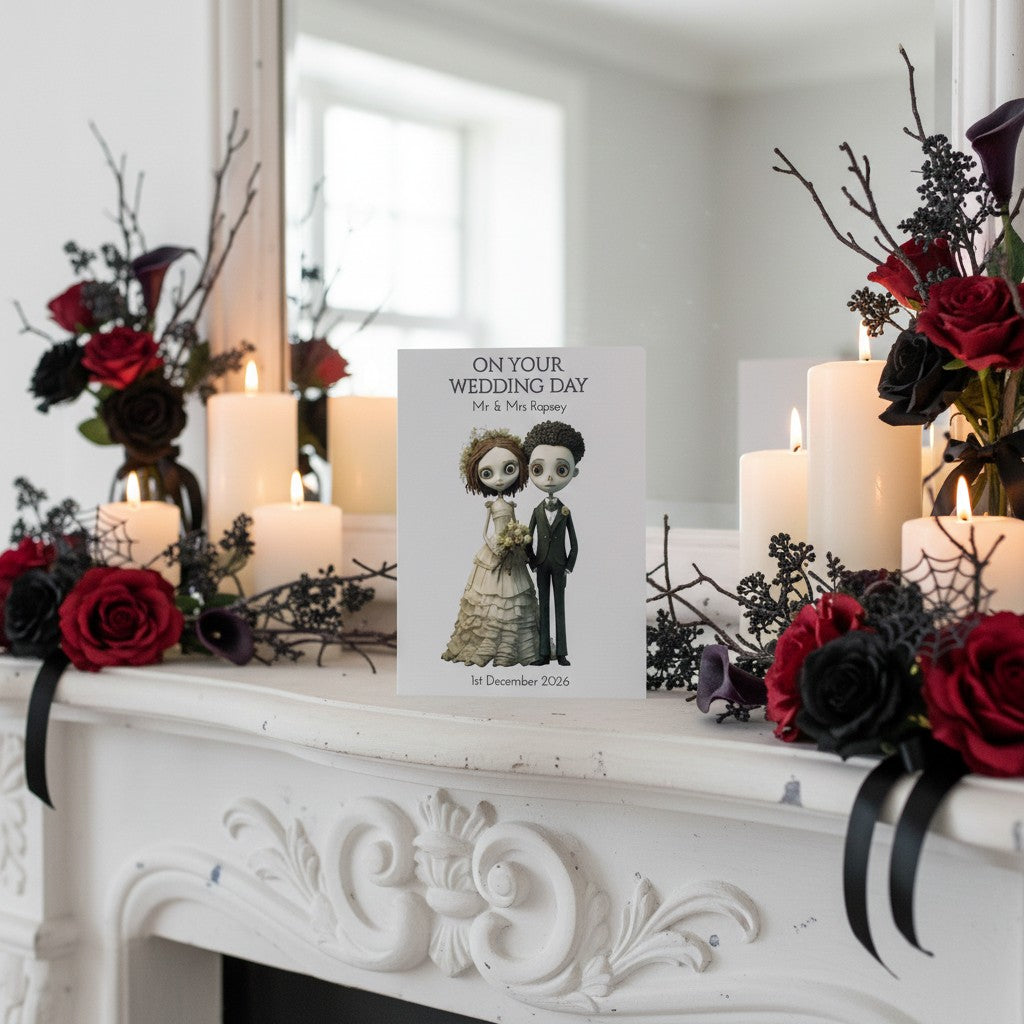 Wedding card with gothic couple illustration on a decorative fireplace mantel with candles and flowers.