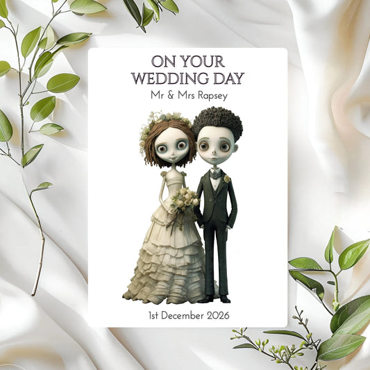 Wedding card with quirky cartoon bride and groom illustration on a white background with green leaves.