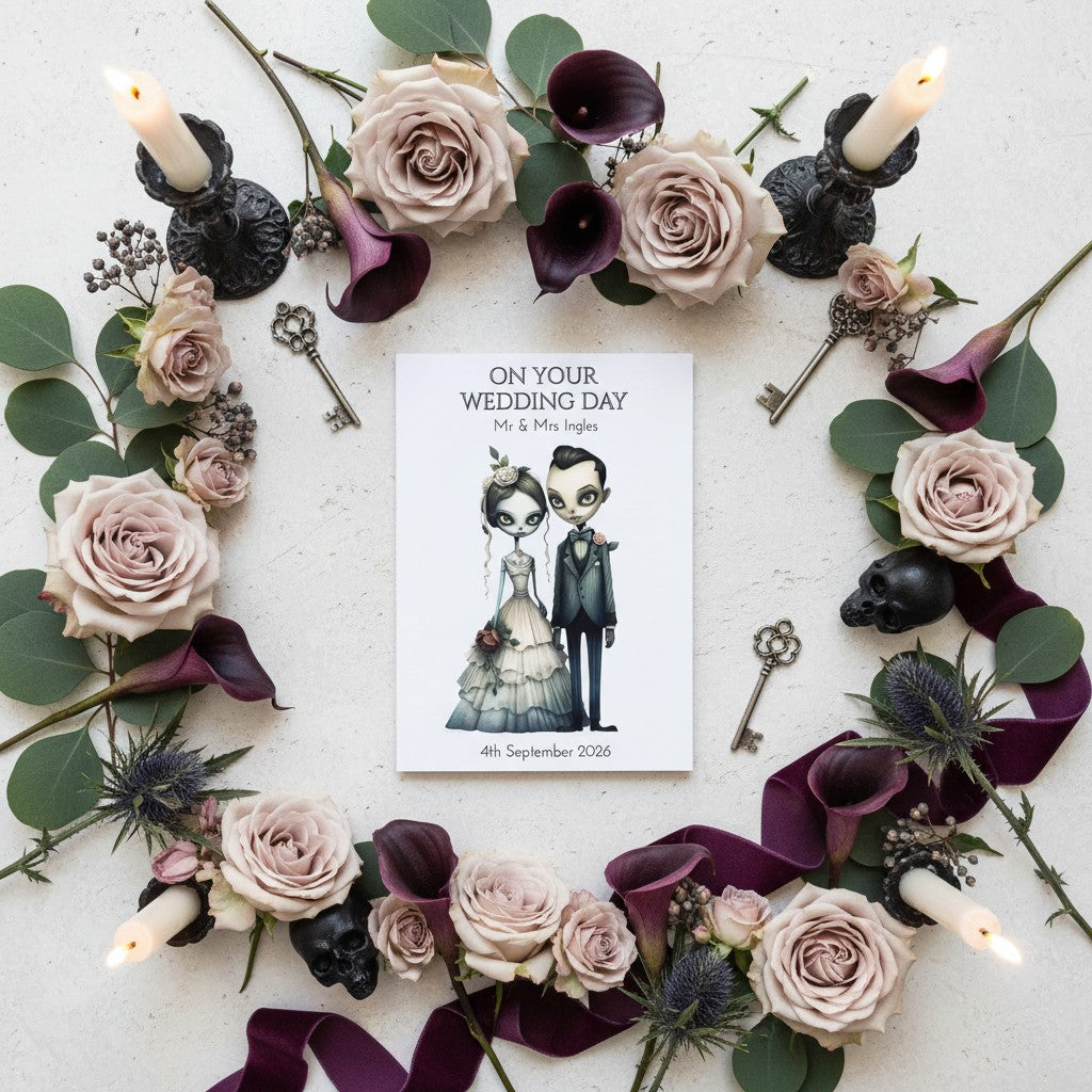 Gothic wedding card with flowers and candles on a white background
