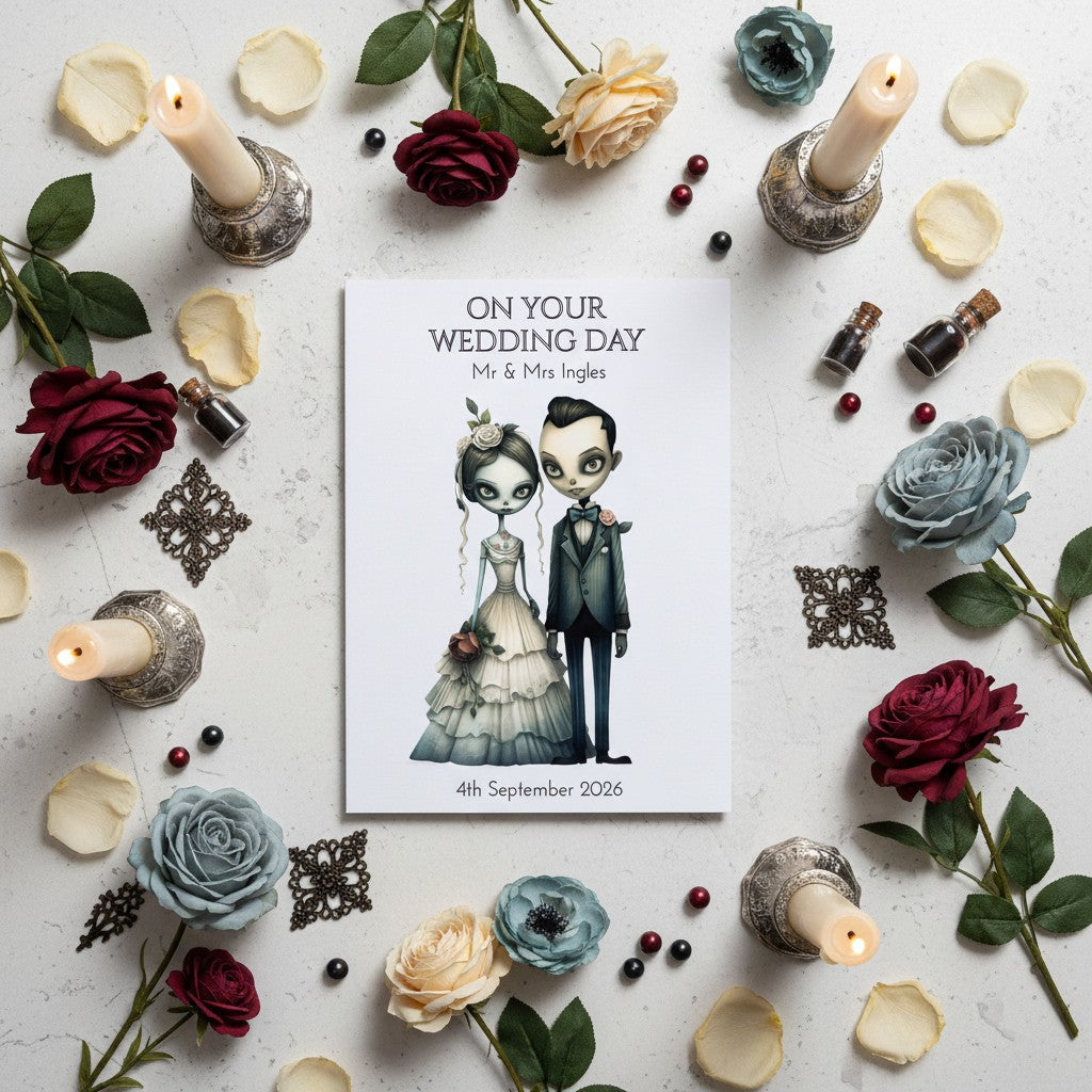 Wedding card with illustrations of a goth bride and groom surrounded by flowers and candles on a textured surface.