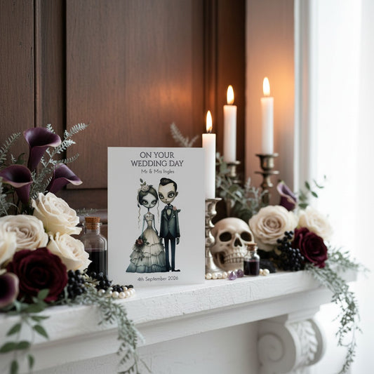 Decorative setup with candles, flowers, and a personalised goth couple card on a mantelpiece.