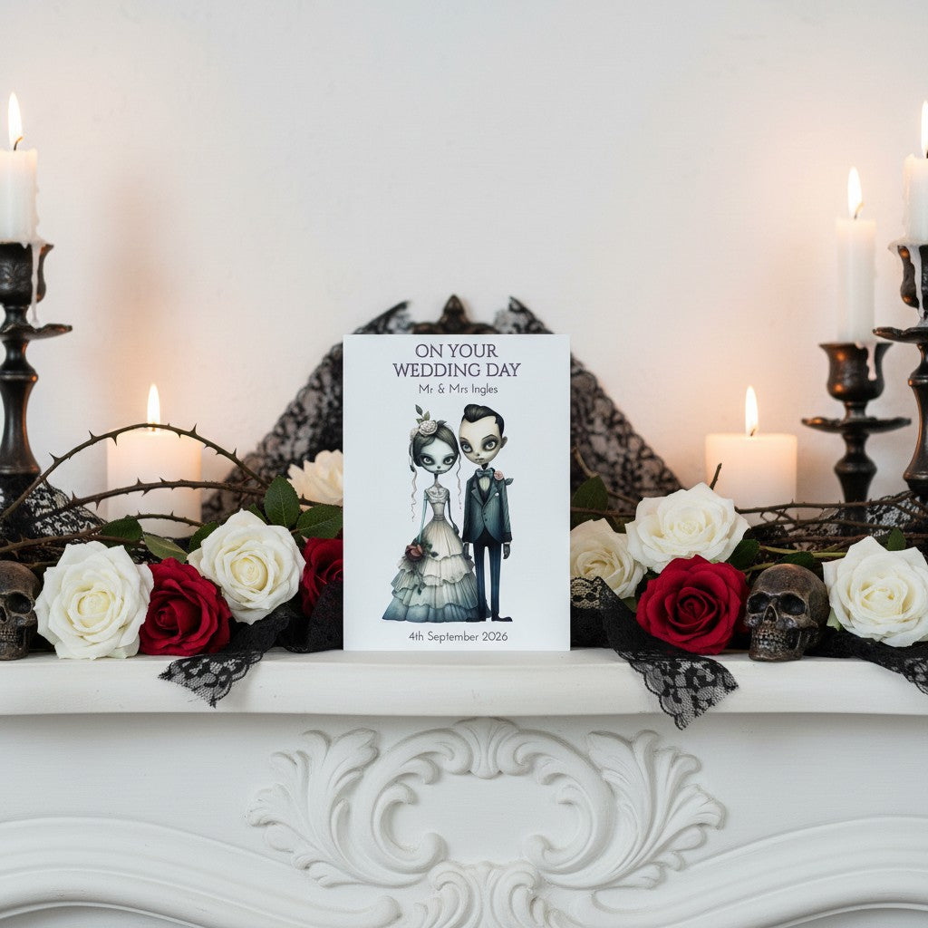 Wedding card with bride and groom illustration on a decorative shelf with candles and flowers.