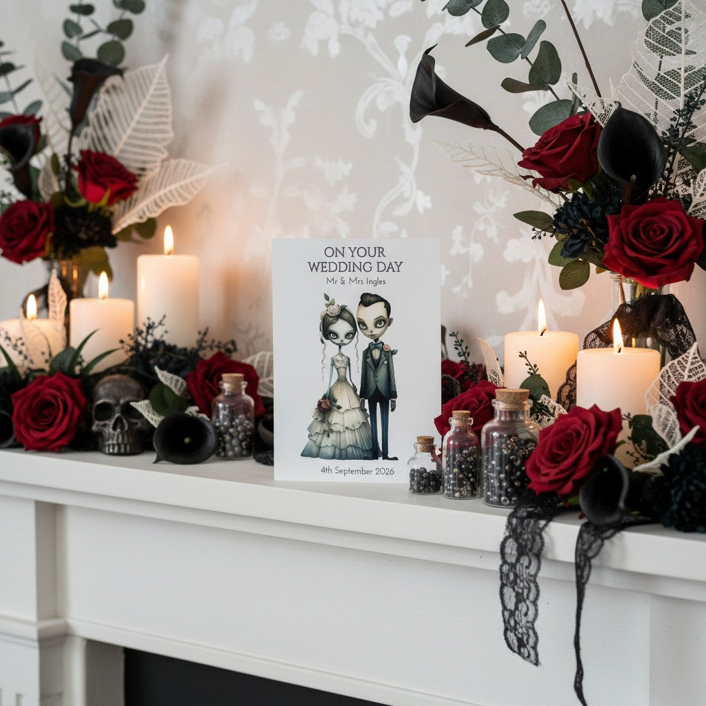 Decorative setup with candles, flowers, and a wedding card on a white surface.
