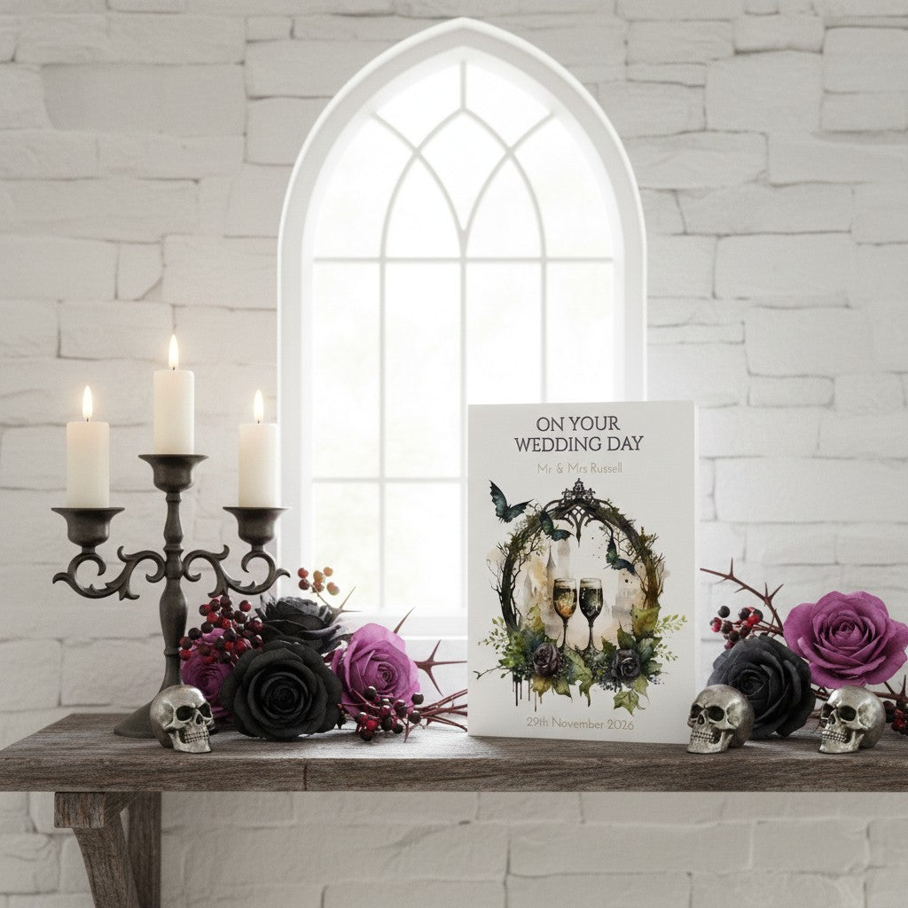 Decorative setup with candles, flowers, and a wedding card on a table against a white brick wall.