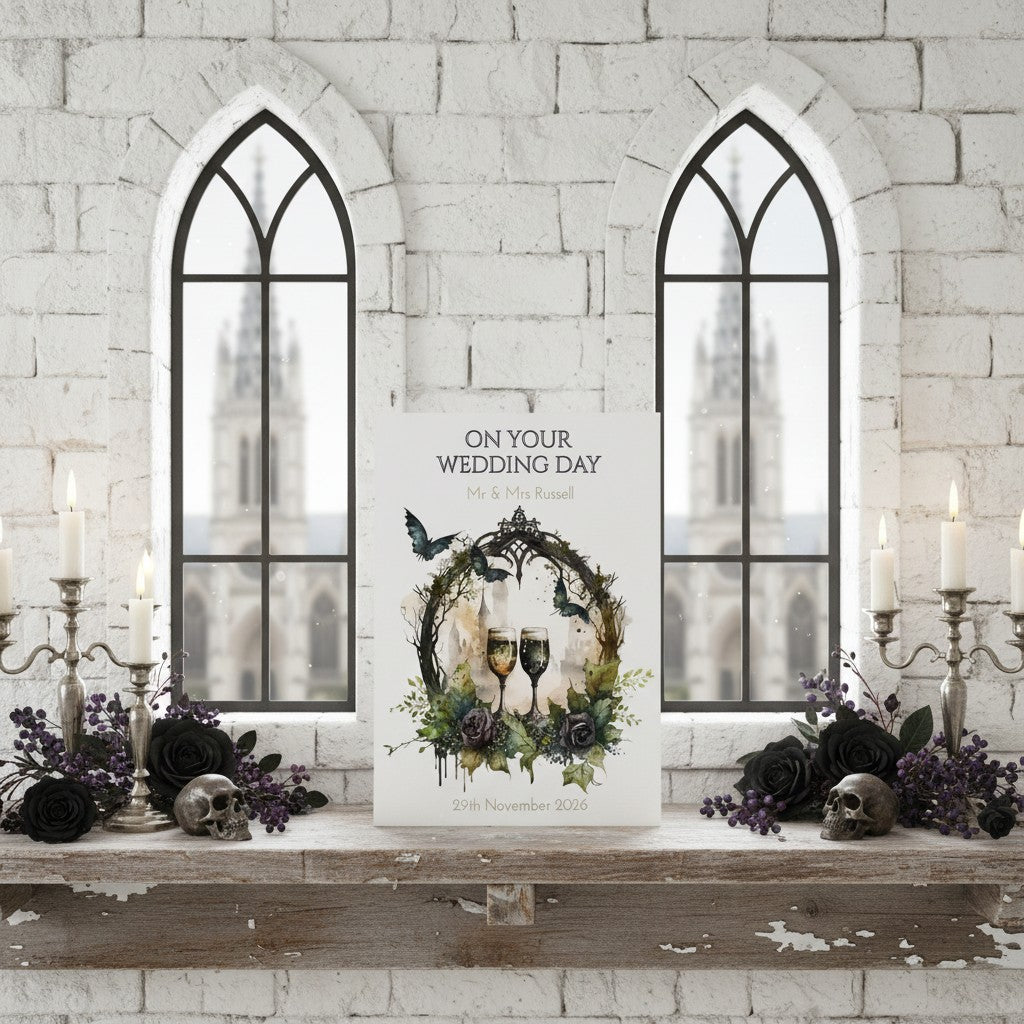 Decorative wedding card for a wedding day with gothic architecture and candles on a shelf.