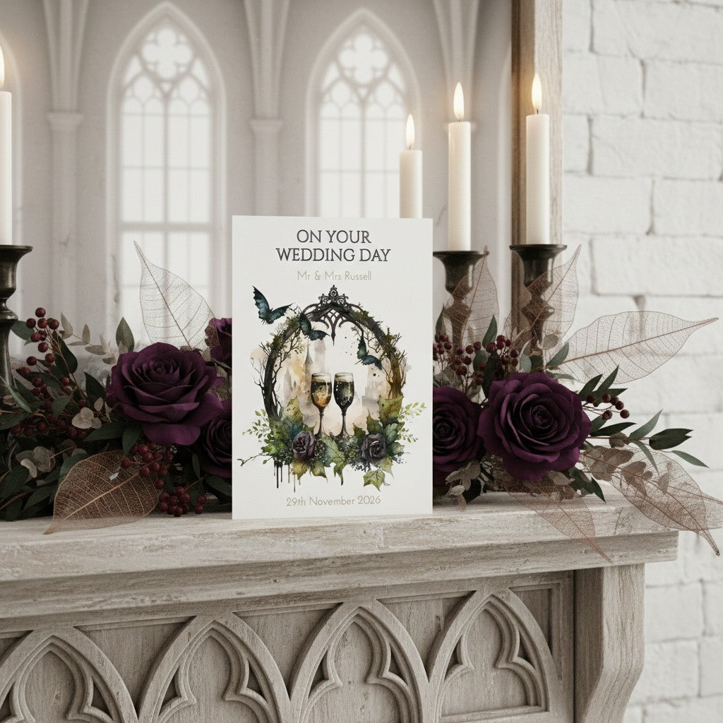 Wedding card with floral design on a decorative table in a church setting