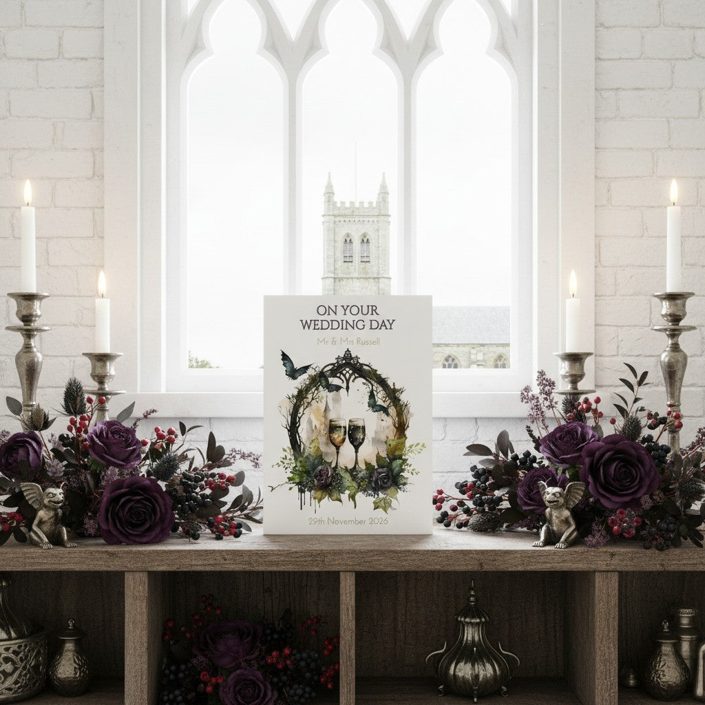 Gothic Wedding card with floral design on a table with decorative candles and flowers.