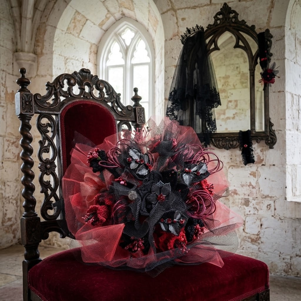 A gothic-themed floral arrangement in red and black tulle, mesh, and faux flowers, displayed on a dark wooden throne chair in a stone room with a mirror.
